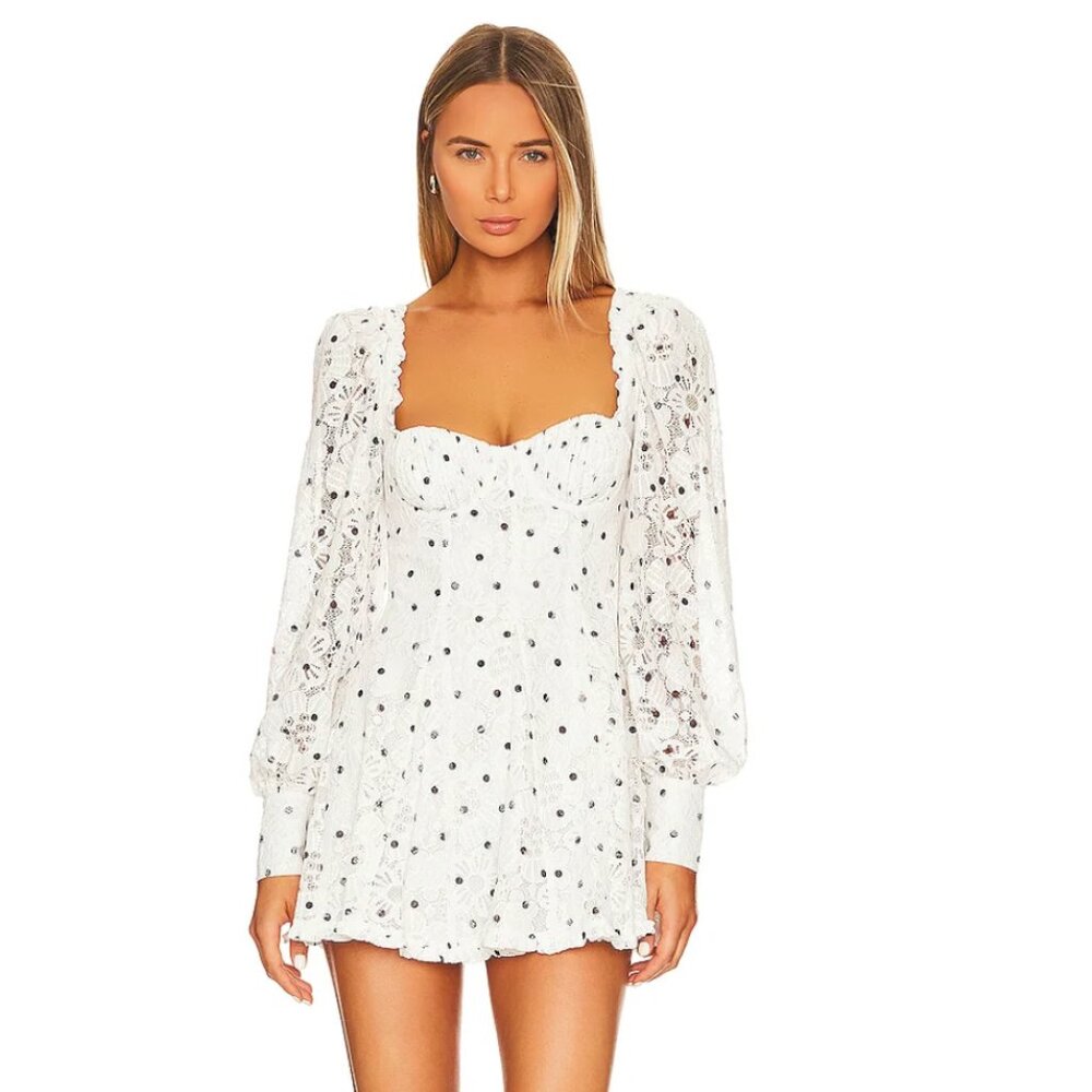 For Love & Lemons Donna Long Sleeve Mini Dress Size XS White and Black Lace Dots